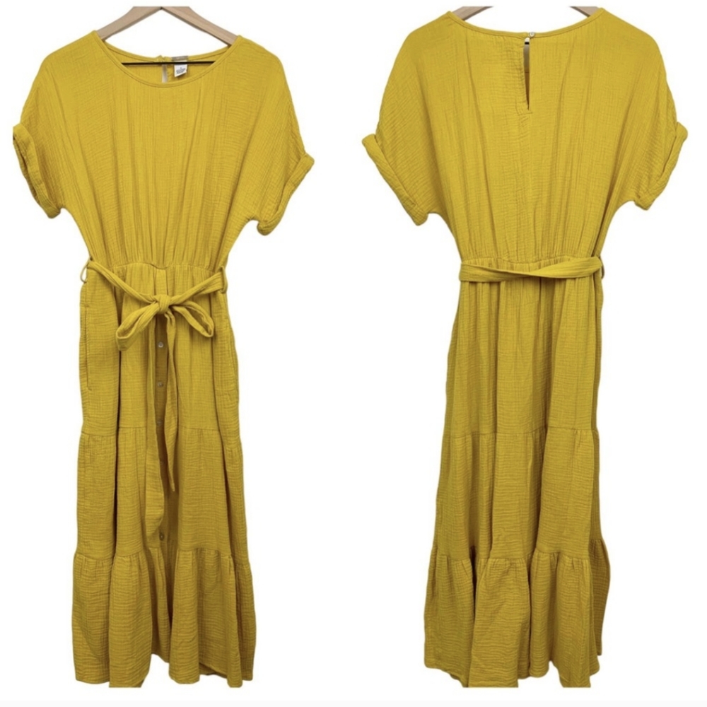 Magashoni Midi Dress Organic Gauze Size Small Yellow Button Front Short Sleeve